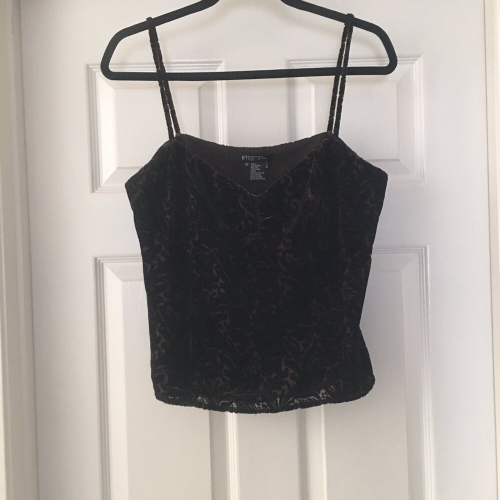New Gorgeous Chocolate Velvet-Like Silk Blend Top with Sparkle and Pattern